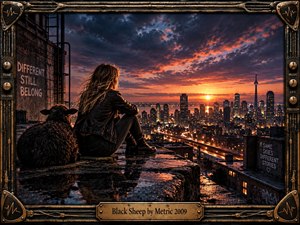 A solitary woman and black sheep overlook a glowing city from a rain-darkened rooftop at sunset. Fiery orange light cuts through brooding purple clouds, reflecting across wet concrete and distant streets. The cinematic digital artwork uses industrial framing, guitar-inspired hardware, graffiti, and dramatic depth to evoke defiance, isolation, and belonging.
