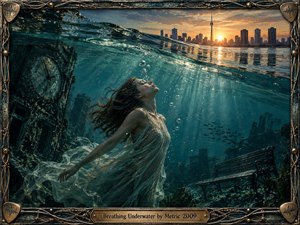 A woman in a flowing pale gown drifts beneath dark teal water toward warm sunlight breaking over a distant city skyline. Submerged ruins, an aged clock, empty bench, bubbles, and scattered fish create a haunting dreamlike atmosphere. Intricate metallic framing and dramatic underwater rays give the scene cinematic, handcrafted depth.
