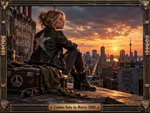 A defiant young woman in worn leather and combat boots sits on a gritty rooftop overlooking a glowing city at sunset. Warm amber light cuts through stormy clouds, balancing resilience with reflection. Distressed metal framing, guitar-string details, urban graffiti, weathered textures, and a vintage title plate reinforce the rebellious indie-rock atmosphere.