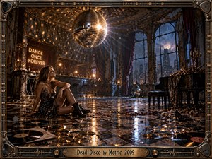 A solitary woman rests in a decaying disco ballroom beneath a massive mirrored ball, surrounded by scattered records, broken glass, and fading glamour. Warm amber reflections contrast with cool blue city light through tall windows, creating a melancholic nocturnal atmosphere. An ornate music-inspired metal frame completes the cinematic composition.