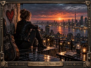 A solitary woman sits on a rain-slick rooftop overlooking a glowing city skyline at sunset, surrounded by a weathered guitar case, warm string lights, and a quiet writing table. Fiery orange reflections contrast with stormy blue clouds, creating a cinematic, reflective mood within an intricately constructed musical metal frame.