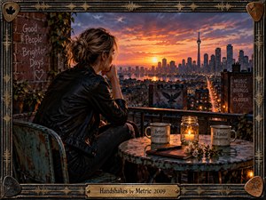 A contemplative woman in a black leather jacket overlooks a glowing city skyline from a weathered rooftop terrace. Warm sunset oranges contrast with deep blue shadows, illuminated streets, rusted furniture, candlelight, flowers, and handwritten messages. Detailed digital painting and an ornate music-inspired frame create a reflective, hopeful urban atmosphere.