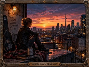 A solitary woman sits on a rain-darkened rooftop overlooking a glowing city skyline at sunset. Warm orange light contrasts with deep blue clouds, reflective concrete, and shadowed buildings. A guitar case, lantern, blanket, mug, and journal reinforce the reflective mood, framed by ornate weathered metalwork and musical details.