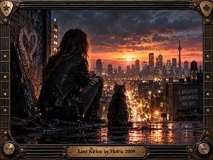 A solitary woman and cat sit on a rain-soaked rooftop overlooking a glowing city at sunset. Warm orange light cuts through storm clouds and reflects across wet pavement, contrasting with dark leather, brick, and metal textures. A handcrafted guitar-inspired frame reinforces the moody, cinematic atmosphere.
