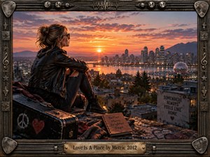 A solitary woman in a black leather jacket sits on a weathered rooftop overlooking a glowing waterfront city at sunset. Warm orange light meets cool urban shadows, creating a reflective, searching mood. A guitar case, handwritten notebook, distant skyline, bridge, and industrial musical frame enrich the cinematic, handcrafted composition.