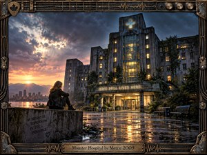 A solitary woman faces a weathered hospital at sunset, surrounded by rain-slick pavement, glowing windows, distant city lights, and dramatic storm clouds. Warm gold illumination contrasts with cool blue-gray architecture, creating an uneasy yet hopeful mood. An industrial guitar-inspired metal frame reinforces the gritty alternative-rock atmosphere.