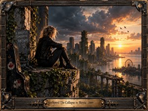 A solitary woman sits above a decaying waterfront city reclaimed by greenery, watching a brilliant sunset break beneath heavy storm clouds. Warm gold contrasts with charcoal ruins, broken bridges, and a silent Ferris wheel. Photorealistic textures, cinematic depth, guitar-inspired metal framing, and weathered details create a tense yet hopeful atmosphere.