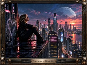 A solitary woman sits on a rain-slick rooftop overlooking a futuristic neon metropolis beneath an enormous moon and fiery sunset. Deep blues, violet shadows, and warm orange reflections create a contemplative synthetic mood. Industrial towers, flying vehicles, glowing waterways, and an ornate metallic musical frame reinforce the cinematic cyberpunk atmosphere.