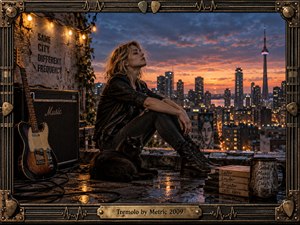 A reflective woman sits beside a guitar, amplifier, and black cat on a rain-slick rooftop overlooking a glowing city at sunset. Warm string lights contrast with deep blue clouds and orange horizons, creating a wistful urban mood. Photorealistic detail, weathered textures, musical hardware, and an ornate metal frame enrich the scene.