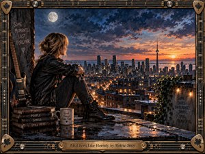 A solitary woman sits on a rain-slick rooftop overlooking a glowing city at sunset, surrounded by a weathered guitar, stacked books, and warm string lights. Deep blues and fiery orange light create a reflective, timeless mood, while the ornate instrument-inspired frame reinforces the richly detailed cinematic painting style.