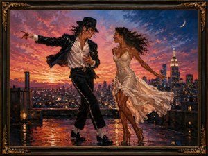 Above a glowing city, two dancers meet on a rain-washed rooftop as sunset burns into twilight. His sharp, joyful movement contrasts with her flowing white dress, lifted by the evening wind. Golden lights, a crescent moon, and the distant skyline transform their dance into a romantic celebration of attraction, freedom, and rhythm.