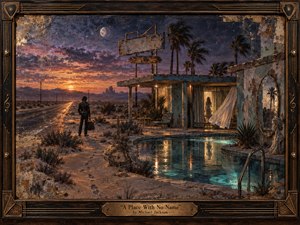 A lone traveler stands beside a deserted desert motel at twilight, facing a glowing road that disappears toward distant mountains. Turquoise pool reflections, windblown palms, a shadowy woman behind curtains, and weathered architecture create a mysterious, nostalgic mood. Rich indigo, copper, amber, and teal tones enhance the textured mixed-media realism.
