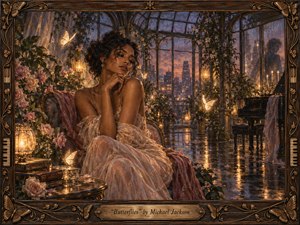 A contemplative woman rests amid a lush glass conservatory at twilight, surrounded by roses, glowing butterflies, candles, and a grand piano. Warm amber light reflects across rain-slick floors against dusky blue windows and a distant skyline. Rich painterly textures, ornate bronze framing, and soft floral details create romantic, dreamy intimacy.
