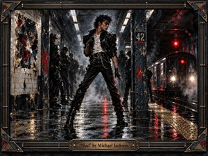 A defiant leather-clad dancer commands a rain-slicked subway platform, surrounded by shadowy onlookers, steam, fractured reflections, and an approaching train. Charcoal blacks, steel grays, and crimson highlights create a tense nocturnal mood, while harsh fluorescent lighting, wet reflections, expressive brushwork, and an industrial metal frame evoke gritty 1980s urban drama.