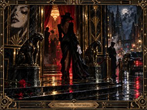 A mysterious woman in a black gown and wide-brimmed hat ascends rain-slick marble steps toward a glowing Art Deco nightclub. Crimson curtains, golden chandeliers, panther statues, roses, and a waiting limousine deepen the seductive danger. Rich blacks, reds, and golds, dramatic reflections, and textured mixed-media styling create a luxurious noir atmosphere.