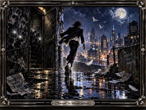 A lone figure races from a shadowed rooftop doorway toward a luminous midnight city, suggesting urgent escape and liberation. Deep blues, black, silver, and amber reflections create dramatic contrast across rain-slick concrete. Moonlight, glowing skyscrapers, drifting white birds, torn posters, and a metallic record-inspired frame give the scene cinematic, textured intensity.