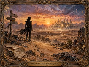 A lone traveler overlooks a vast desert toward a luminous, fantastical city rising beneath a blazing sunset and crescent moon. Warm gold, amber, and violet tones create a mysterious, yearning mood. Painterly textures, winding paths, weathered signposts, scattered rocks, and an ornate bronze frame deepen the dreamlike sense of discovery.