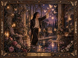 A romantic figure stands in a moonlit garden pavilion, reaching toward glowing butterflies drifting through violet twilight. Roses, climbing vines, lanterns, reflective water, and classical architecture create a dreamy, intimate mood. Rich bronze, plum, gold, and blush tones, painterly textures, and an ornate butterfly-trimmed frame enhance the handcrafted elegance.