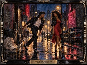 A stylish couple shares a charged, playful moment on a rain-soaked 1980s city street glowing with amber lamps and red-pink neon. Rich painterly textures, glossy reflections, vintage cars, brick walls, and distant silhouettes create cinematic depth. An ornate black-and-brass frame with piano-key accents completes the vibrant, romantic composition.