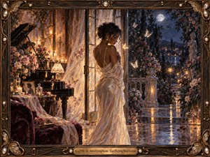 A luminous woman in a flowing ivory gown stands between a candlelit piano room and a moonlit garden terrace, surrounded by roses and glowing butterflies. Warm amber light contrasts with deep blue night, creating a romantic, wistful atmosphere. Rich painterly textures, reflective stone, ornate bronze framing, and delicate floral details heighten the dreamlike elegance.