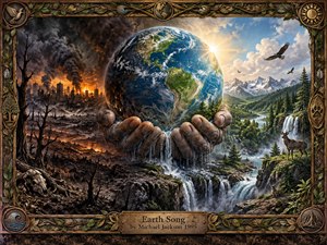 Weathered hands cradle a luminous Earth above a divided landscape, where scorched ruins and smoke confront lush forests, mountains, waterfalls, and wildlife. Warm firelight contrasts with cool blues and greens, creating grief, urgency, and fragile hope. The richly textured, painterly scene is enclosed by an ornate nature-themed bronze and wood frame.