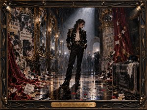 A solitary performer stands beneath a harsh spotlight in a shadowy theatrical corridor, surrounded by cracked mirrors, cameras, torn headlines, and red velvet drapery. Deep blacks, burgundy, gold, and silver create a tense, defiant mood. The mixed-media style blends painted texture, collage, metallic detail, reflections, and an ornate stage-inspired frame.