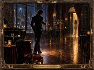 A solitary man in a black suit reaches toward a woman leaving a lavish midnight lounge, where rain-streaked windows overlook a glowing city. Deep burgundy, gold, and blue tones heighten the regretful mood, while candlelight reflects across polished floors. Art Deco framing, piano details, flowers, and dramatic lighting create cinematic elegance.
