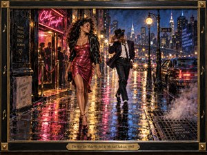 A glamorous couple moves through a rain-soaked 1980s city street, glowing with flirtation, confidence, and nightlife energy. Neon pinks, electric blues, amber lamps, and reflected headlights shimmer across wet pavement. Painterly realism, dramatic lighting, vintage cars, nightclub details, steam, and an ornate black-and-gold frame create a cinematic romantic atmosphere.