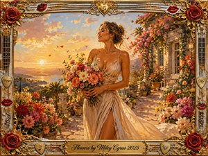 A confident woman stands in a flower-filled Mediterranean garden at golden sunset, holding a vibrant bouquet as petals drift around her. Warm gold, coral, pink, cream, and green tones create an uplifting, self-assured mood. Expressive acrylic brushwork, glowing light, and an ornate musical frame reinforce themes of independence, renewal, and self-love.