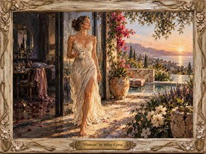 A poised woman in a flowing ivory dress steps from a shadowed bedroom onto a sunlit Mediterranean terrace overlooking sea and mountains. Warm gold, cream, pink, and violet tones create a mood of renewal and independence. Painterly textures, scattered petals, flowering vines, reflective water, and an ornate carved frame enrich the luminous composition.