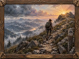 A lone hiker ascends a rugged mountain trail toward a radiant sunrise, surrounded by vast peaks, misty valleys, and distant lakes. Warm golds and amber light contrast with cool gray-blue shadows, creating a hopeful, determined mood. Textured painterly brushwork, rocky detail, wildflowers, and a rustic wooden frame reinforce resilience and perseverance.