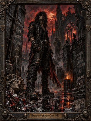 A defiant, leather-clad outlaw stands amid shattered glass and gothic ruins beneath a fiery crimson sky. Ravens, crumbling statues, graffiti, and burning debris surround him, while wet pavement reflects the infernal glow. Dramatic oil painting textures, deep shadows, and an ornate metallic frame evoke rebellion, darkness, and 1980s heavy metal.