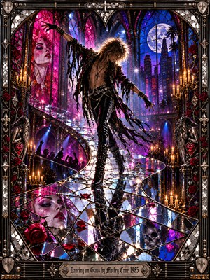A leather-clad glam rocker balances across a winding floor of shattered mirrors inside a gothic nightclub cathedral. Magenta and cobalt stained-glass windows illuminate roses, candles, winged statues, and a moonlit skyline. Glittering reflections and ornate metallic framing intensify the dangerous, decadent atmosphere, blending rock theatrics with luminous mosaic artistry.