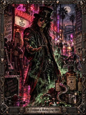 A sinister, top-hatted rocker beckons from a rain-soaked Hollywood street, surrounded by medicine bottles, guitars, motorcycles, and curling green smoke. Electric pink neon and eerie moonlight illuminate leather, chrome, and crowded nightclubs, creating a seductive, dangerous 1980s atmosphere. Intricate metallic framing completes this dramatic, cinematic digital artwork.