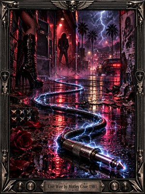 A glowing guitar cable coils across a rain-soaked street toward a smoky rock club, where a leather-clad figure stands beneath lightning. Crimson neon, violet clouds, towering boots, and palm trees intensify the dangerous 1980s atmosphere. Cinematic digital artwork gleams with wet reflections, enclosed by an ornate metallic frame.