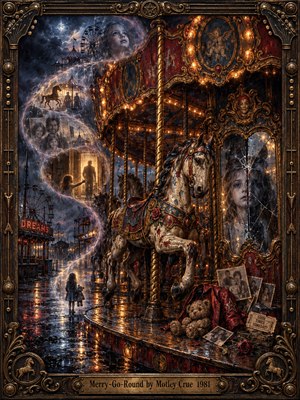 An abandoned carnival glows beneath stormy midnight skies, where a weathered carousel horse stands among tarnished gold ornaments and shattered mirrors. Ghostly childhood memories spiral through mist above rain-soaked pavement, while faded photographs and a forgotten teddy bear evoke loss. Rich crimson, amber, and blue illuminate this haunting oil painting.