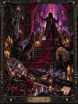 Inside a decadent Gothic hall, a shadowy glam-rock figure commands a candlelit staircase while kneeling admirers gather below. Crimson velvet, violet smoke, shattered mirrors, roses, and scattered pearls suggest temptation and excess. Dramatic magenta lighting and rich, painterly detail intensify the ominous theatrical scene, enclosed by an ornate metal frame.