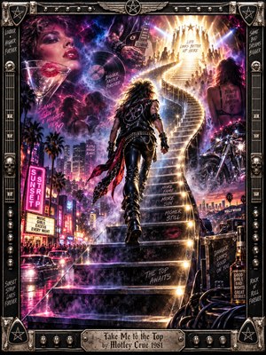 A leather-clad rocker climbs a glowing spiral staircase above the neon-soaked Sunset Strip toward blinding golden lights. Glamorous faces, guitars, motorcycles, and smoky crowds surround the ascent. Electric pinks, purples, and blues illuminate this dramatic 1980s-inspired digital painting, enclosed in an ornate chrome-and-black guitar-themed frame with an engraved title plate.
