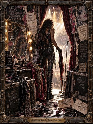 A weary glam rock performer stands between a shattered backstage mirror and a blazing concert stage. Torn posters, makeup, roses, and battered equipment crowd the smoky dressing room. Crimson curtains frame golden spotlights and distant fans, while distressed collage textures and an ornate metal frame evoke faded glamour and stubborn defiance.