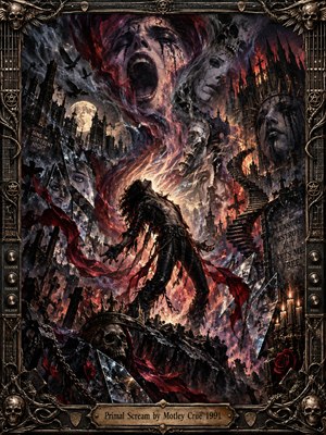 A leather-clad figure arches backward amid shattered mirrors and swirling crimson smoke beneath a giant spectral screaming face. Gothic ruins, skulls, ravens, and a pale moon crowd the apocalyptic scene. Fiery highlights pierce charcoal shadows, while an ornate guitar-inspired metal frame surrounds the richly detailed, surreal digital painting.