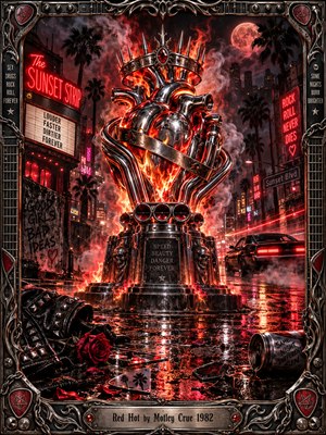 A blazing chrome heart-engine rises above a rain-soaked Sunset Strip, crowned with spikes and engulfed in smoke and fire. Crimson neon, palm silhouettes, a red moon, and a speeding muscle car ignite the night. Studded leather and scattered roses foreground this richly detailed digital fantasy, enclosed in ornate metalwork.