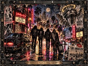 Four leather-clad figures walk through a rain-soaked Los Angeles boulevard glowing with red and violet neon. Palm trees, vintage cars, torn posters, and a weathered angel statue surround them beneath a moonlit skyline. Gritty collage textures, golden reflections, and an ornate metal frame evoke rebellious, decadent rock mythology.