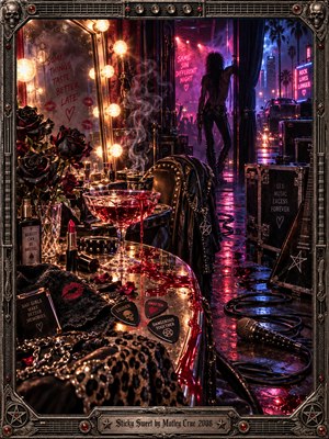 A shadowy glam rocker stands beyond a cluttered backstage vanity, framed by neon city lights and smoky stage glow. Crimson syrup spills beside black roses, lipstick, and guitar picks. Vivid pink, violet, and blue reflections illuminate this cinematic digital artwork, while an ornate metallic frame enhances its seductive, rebellious atmosphere.