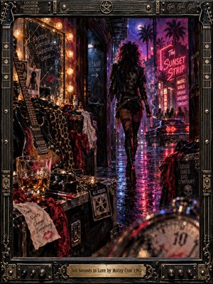 A mysterious glam rocker walks from a cluttered backstage dressing room into the rain-soaked Sunset Strip. Electric pink and violet neon illuminate wet pavement, vintage guitars, whiskey glasses, and a blurred stopwatch. Richly textured oil painting, cinematic shadows, smoky atmosphere, and an ornate metallic frame capture reckless 1980s decadence.