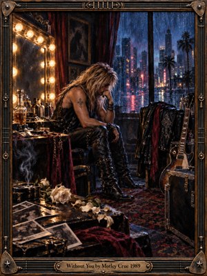 A lonely blond rocker sits hunched in a cluttered dressing room, surrounded by faded photographs, wilted white roses, and an idle guitar. Golden vanity bulbs contrast with rain-soaked blue and violet city lights beyond the window. Richly textured oil painting and an ornate metallic frame deepen the atmosphere of heartbreak.