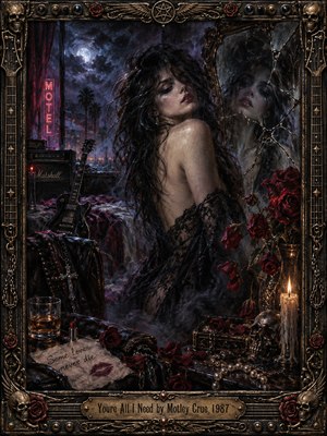 An enigmatic dark-haired woman turns beneath moonlight in a shadowy motel room, her face echoed in a shattered mirror. Crimson roses, a resting guitar, candlelight, and scattered keepsakes evoke dangerous devotion. Deep blues, smoky purples, and glowing reds enrich the dramatic oil painting, enclosed by an ornate gothic metal frame.