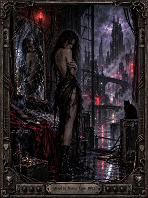 A solitary woman stands anxiously in a decaying industrial room, her reflection fractured in a cracked mirror. Beyond the window, a stormy city glows with red neon and violet lightning. Rain, tangled cables, and a discarded guitar deepen the isolation. Cinematic digital artwork and an ornate metallic frame create haunting tension.