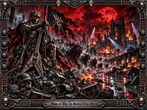 A crowned skeletal warlord grips a tattered banner beside a battered guitar, surveying a ruined city beneath a blood-red moon. Spectral hounds surge through smoke and flaming wreckage as helicopters sweep searchlights across the skyline. This ominous digital painting glows crimson and steel gray within an ornate skull-studded metal frame.