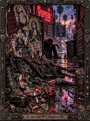 A slumped rocker sits in a rain-soaked Sunset Strip alley beneath blazing red neon and peeling concert posters. Shattered mirrors, leather boots, a microphone, and a wilted rose litter reflective pavement. Purple dawn silhouettes distant palms, while distressed collage textures and an ornate metal frame evoke decadent exhaustion and defiance.