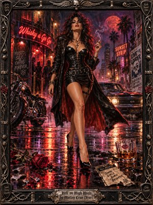 A leather-clad woman strides confidently through a rain-soaked Sunset Strip, framed by neon clubs, a motorcycle, and a gleaming muscle car. Crimson, violet, and amber reflections ignite the pavement beneath a smoky red moon. The dramatic oil painting blends seductive danger with rebellious glamour inside an ornate, guitar-inspired metal frame.